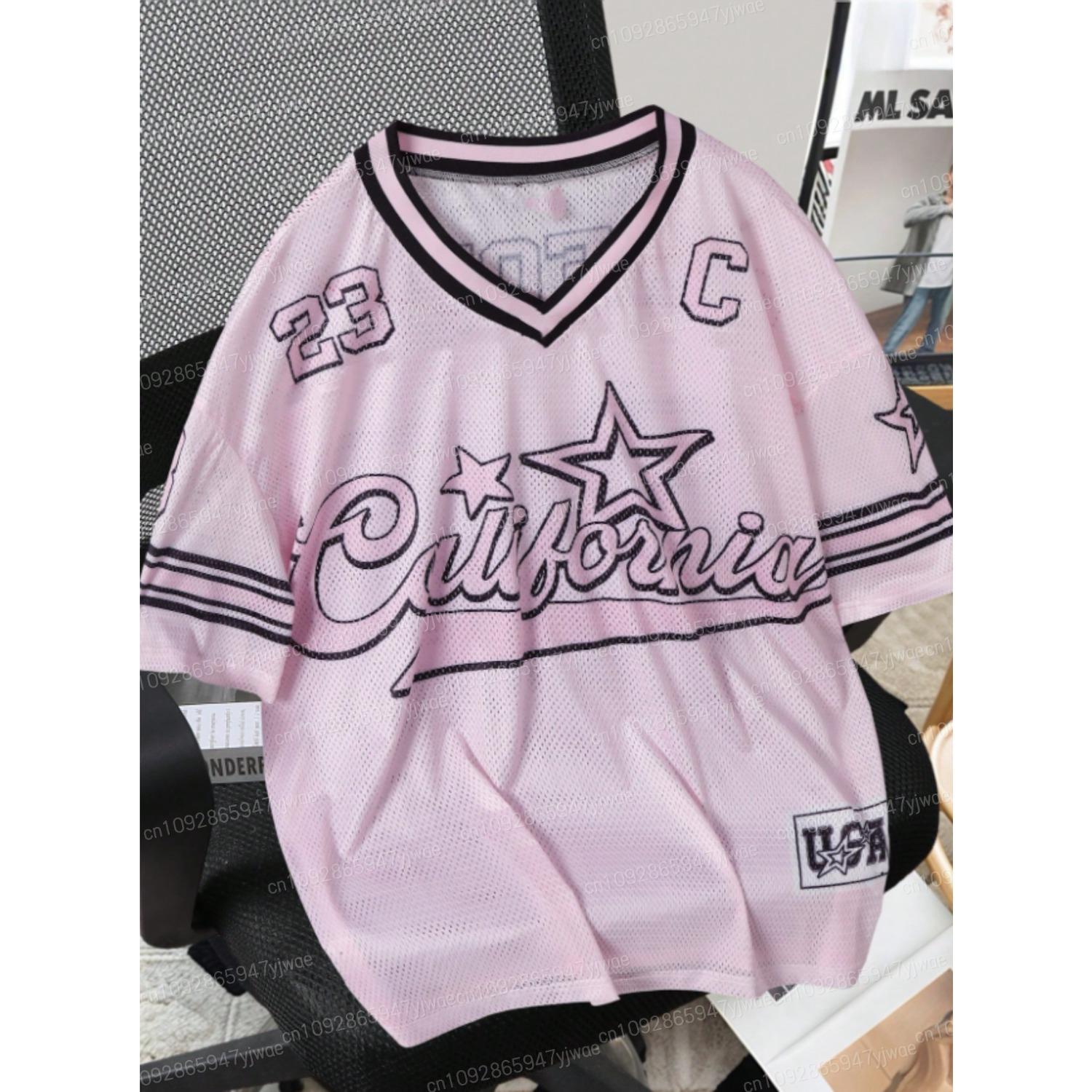 

2025 23 Женская рубашка в полоску с V-образным вырезом, летняя трендовая уличная футболка с коротким рукавом в стиле Харадзюку L