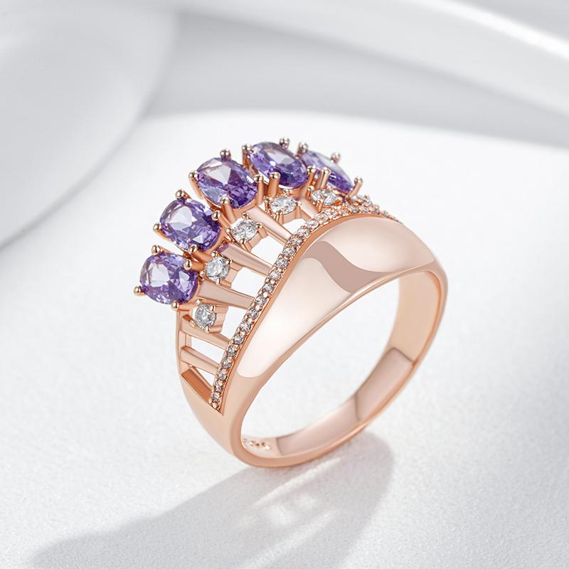Shiny Purple Natural Zircon Big Rings For Women Fashion Rose Gold Color Crystal Flower Vintage Wedding Jewelry