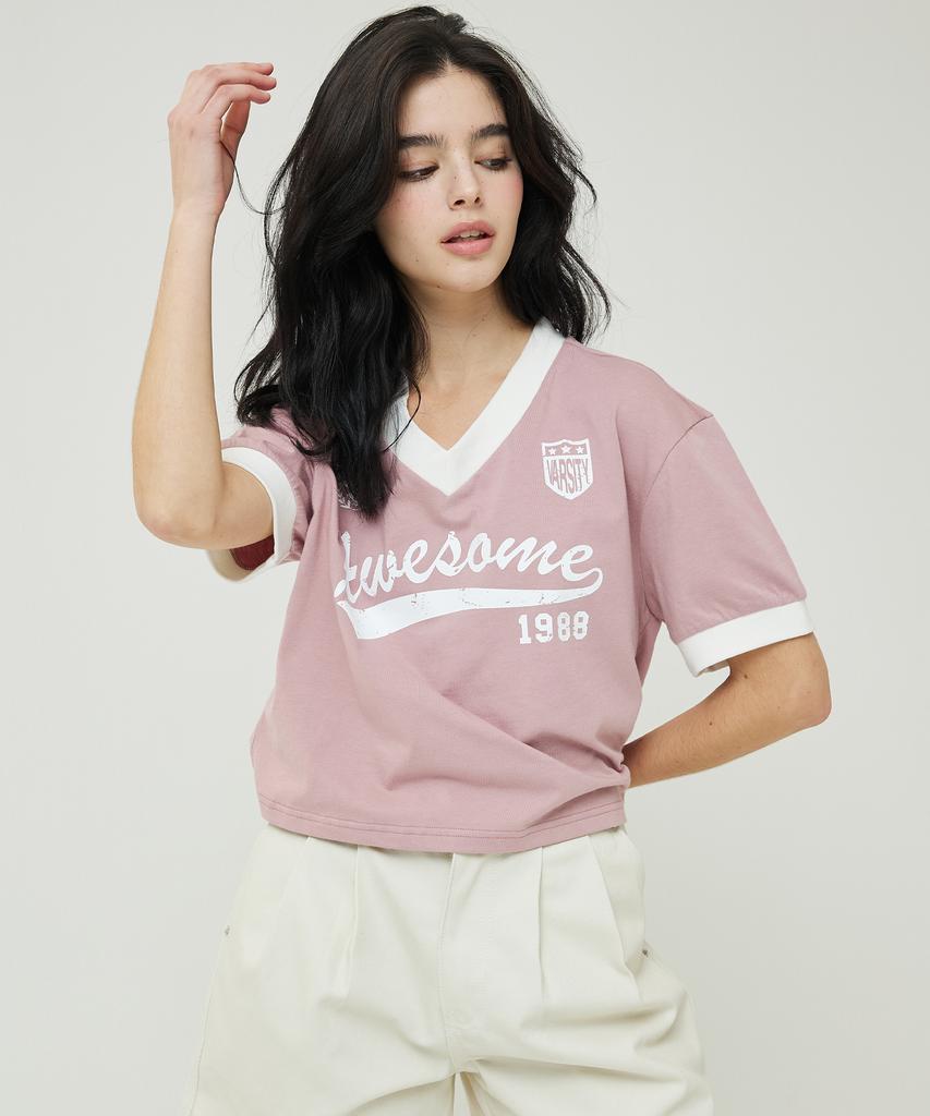 AWESOME STUDIO V-Neck Uniform Short Sleeve T-Shirt Indie Pink