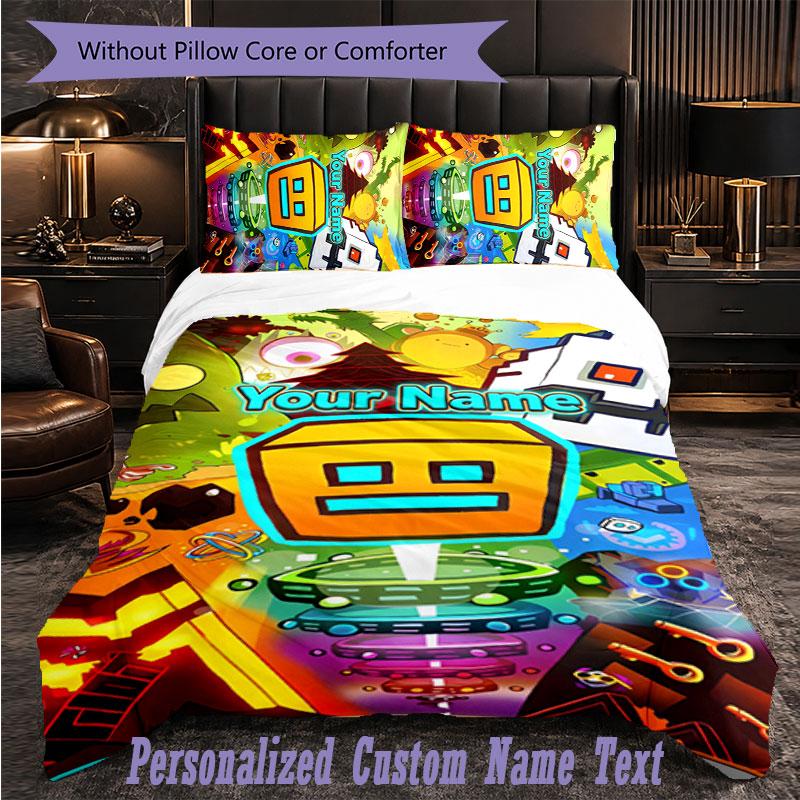 Personalized 3Pcs Bedding SetGeometry Dash Custom Text Duvet Cover Pillowcase Set Bedroom Gift