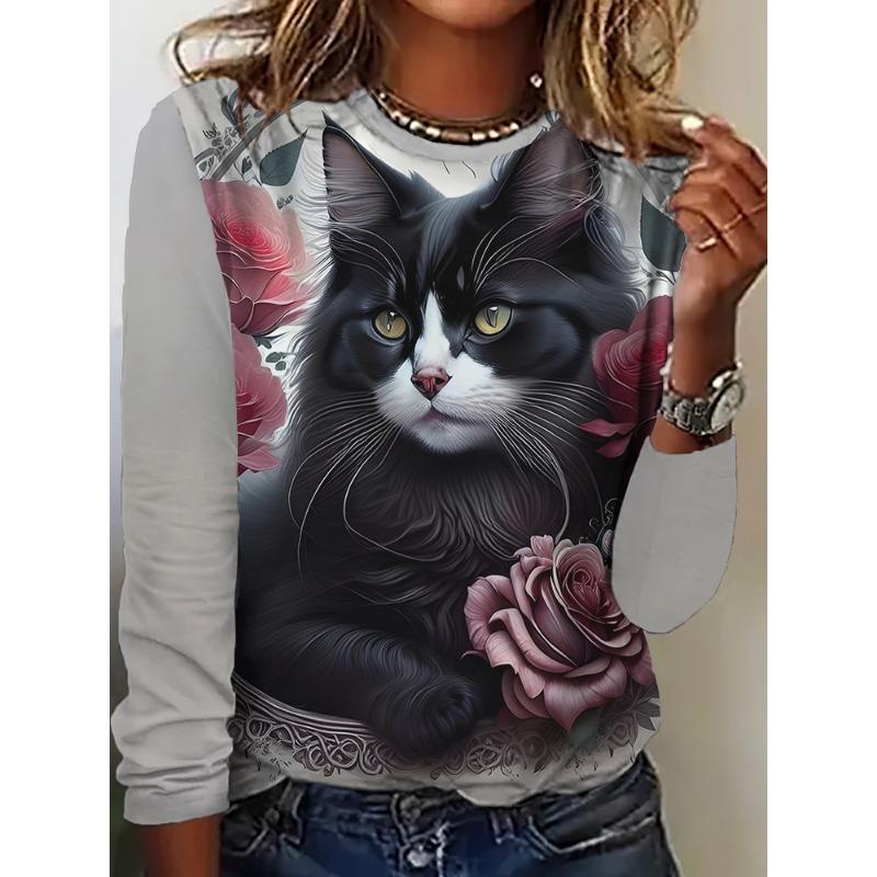 Women's Long Sleeve T-Shirt Cute Cat Pattern 3D Print Autumn Street Casual Fall Round Neck Oversized Clothing Outdoor T Shirts