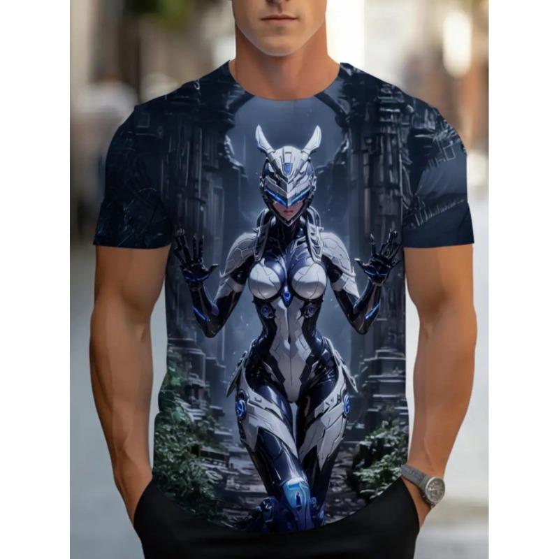 Men s Mecha Warrior Graphic Tee – Soft Breathable Summer Shirt for Gaming & Casual Wear, Machine Washable ( S