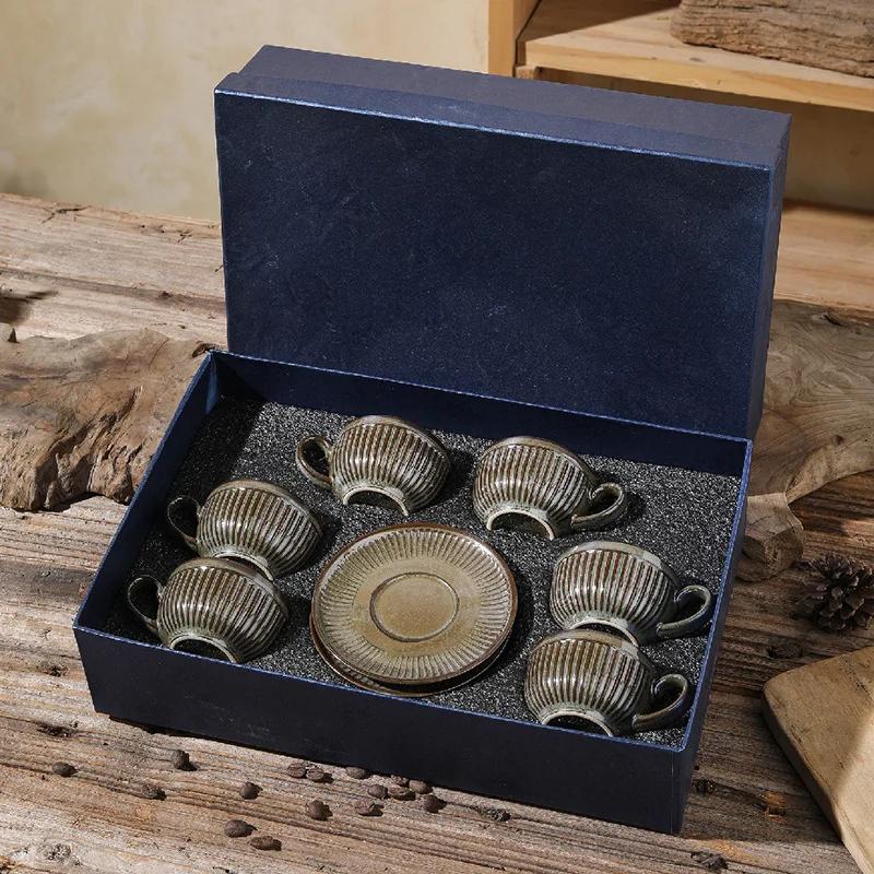 90CC Retro Espresso Cup 6 Cup 6 Plate Set Ceramic  Plate Coffee Shop Afternoon Tea Cup Gift Box Wholesale