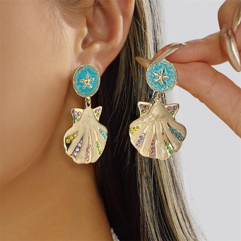 Colorful Zircon Starfish Long Tassel Dangle Earrings for Women Bohemian Coral Shell Earrings Summer Beach Party Jewelry