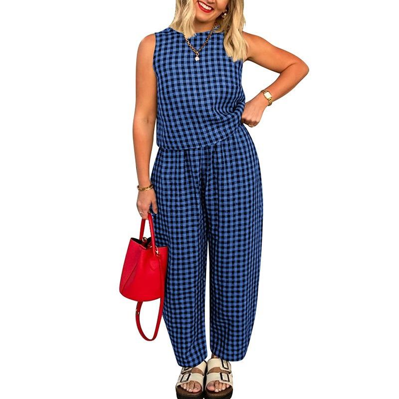 Women's 2026 New Printed Plaid Loose Casual Sleeveless Vest and Pants Set