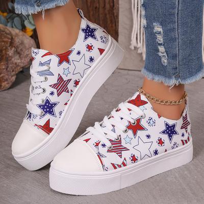 Mode Damen Frühling und Herbst Bedruckte Casual Schnürung Dicke Sohle Canvas Multifunktionale Wandersportschuhe Damenmode Schuhe