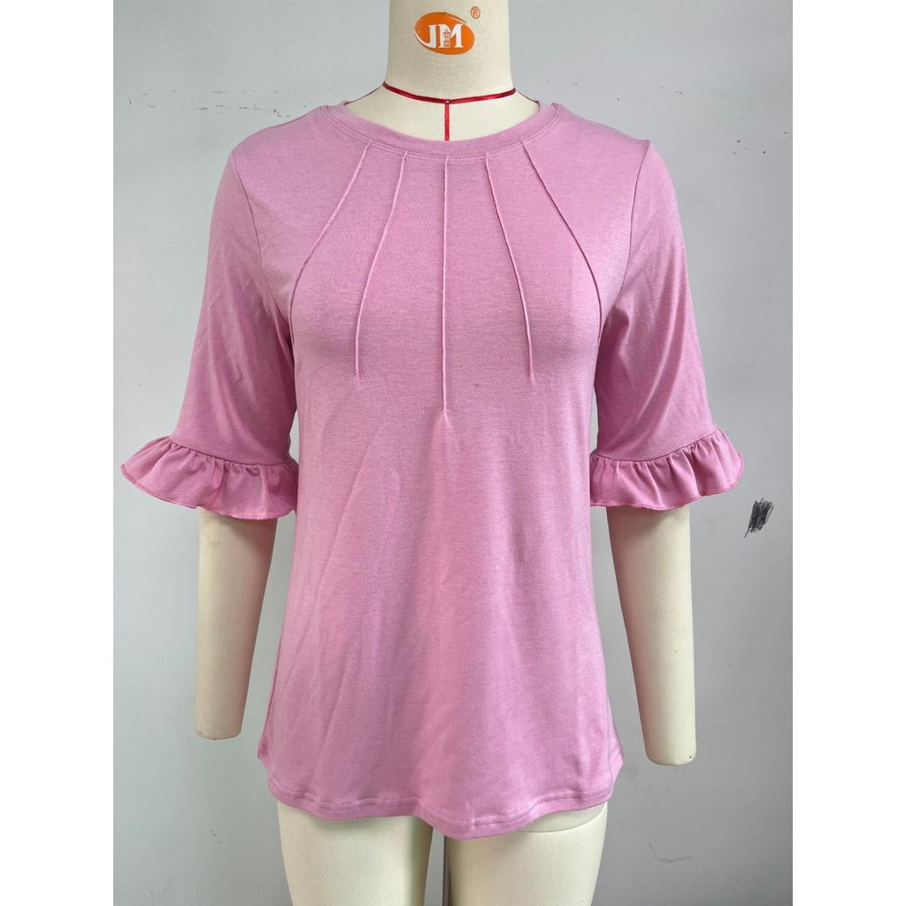 Spring Summer New Solid Color Pinstripe Crew Neck Puff Sleeve Elbow-Length T-shirt Top for Leisure Europe USA Leisure Foreign Trade