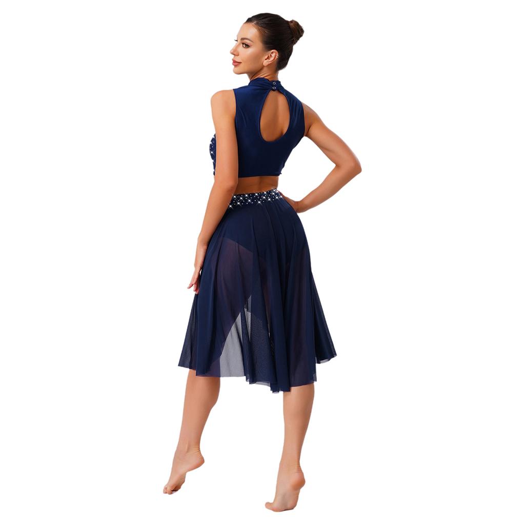 Womens Lyrical Dance Outfits Sleeveless Hollow Out Crop Top Irregular Mesh Hem Briefs Skirt Applique Dancewear Set