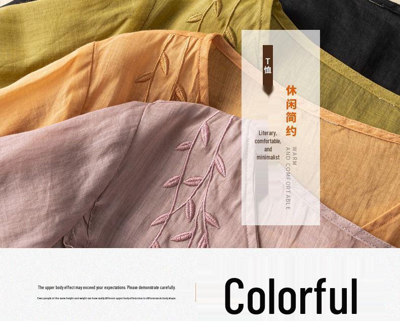 Dam Broderade Bomull & Linne Toppar - Lös Passform, Retro, Mångsidig, Etnisk Stil för Sommaren 2024.