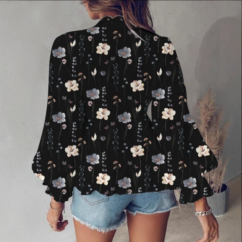 2025 Spring and Autumn New Women's V-neck Lace Splicing Shirt