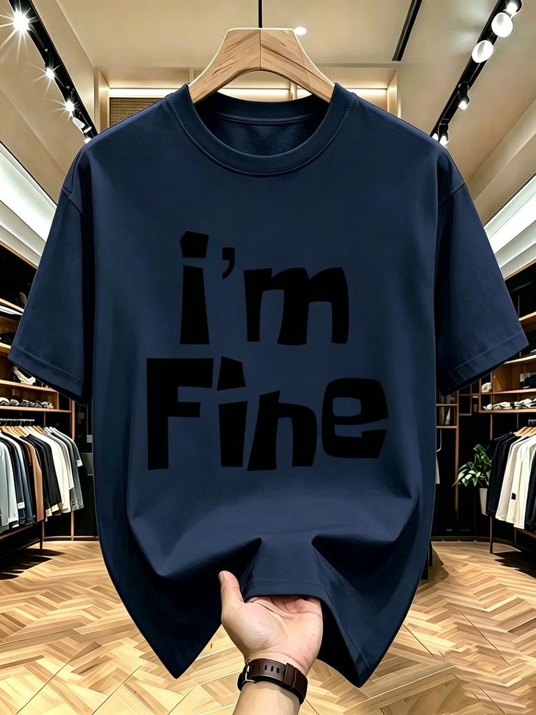 Unisex O Neck Tee I M Fine Bold Text Letter Graphic Print Cotton Short Sleeve Loose Summer Breathable Daily Casual Basic Wear Top