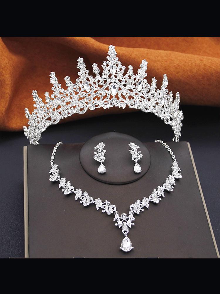 3 Piece Bridal Crown Jewelry Sets for Women Princess Tiaras Set Necklace Earrings Wedding Bride Jewelry Costume Accessories