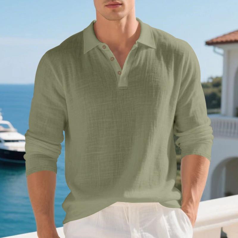 Mens Linen Loose Long Sleeve Casual Polo Shirt