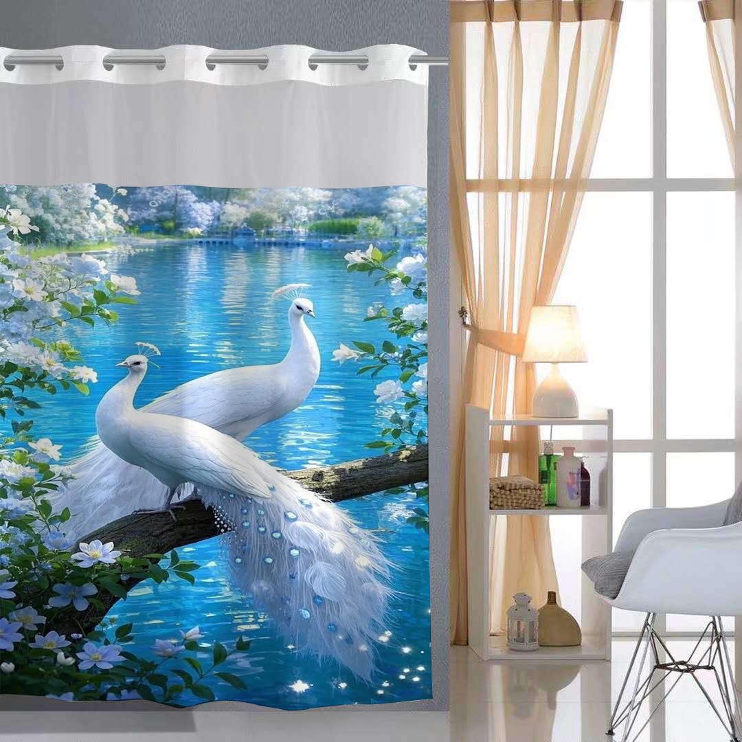 

No Hook Animal Peacock Shower Curtain With Snap-In Fabric Liner, Sheer Top Window, Waterproof Double Layer Bathtub Curtain W60H190(CM)-1 Pcs