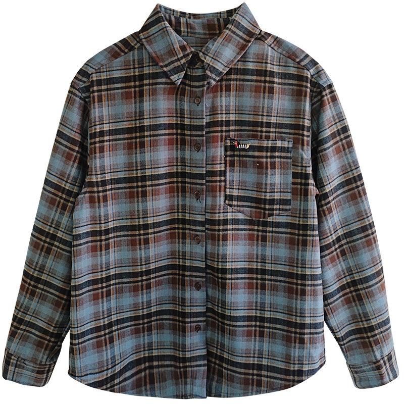 

Sausage Dog Plaid Shirt for Women Long-sleeved Spring and Autumn Clothes New Style Hong Kong Style Retro Top M