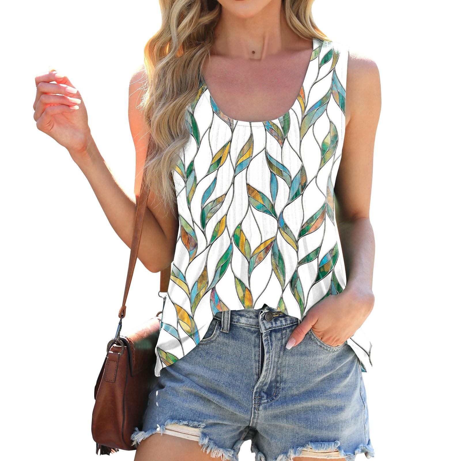 

Fashion Round Neck Tie-dye Print Loose Sleeveless T-shirt Vest Woman L
