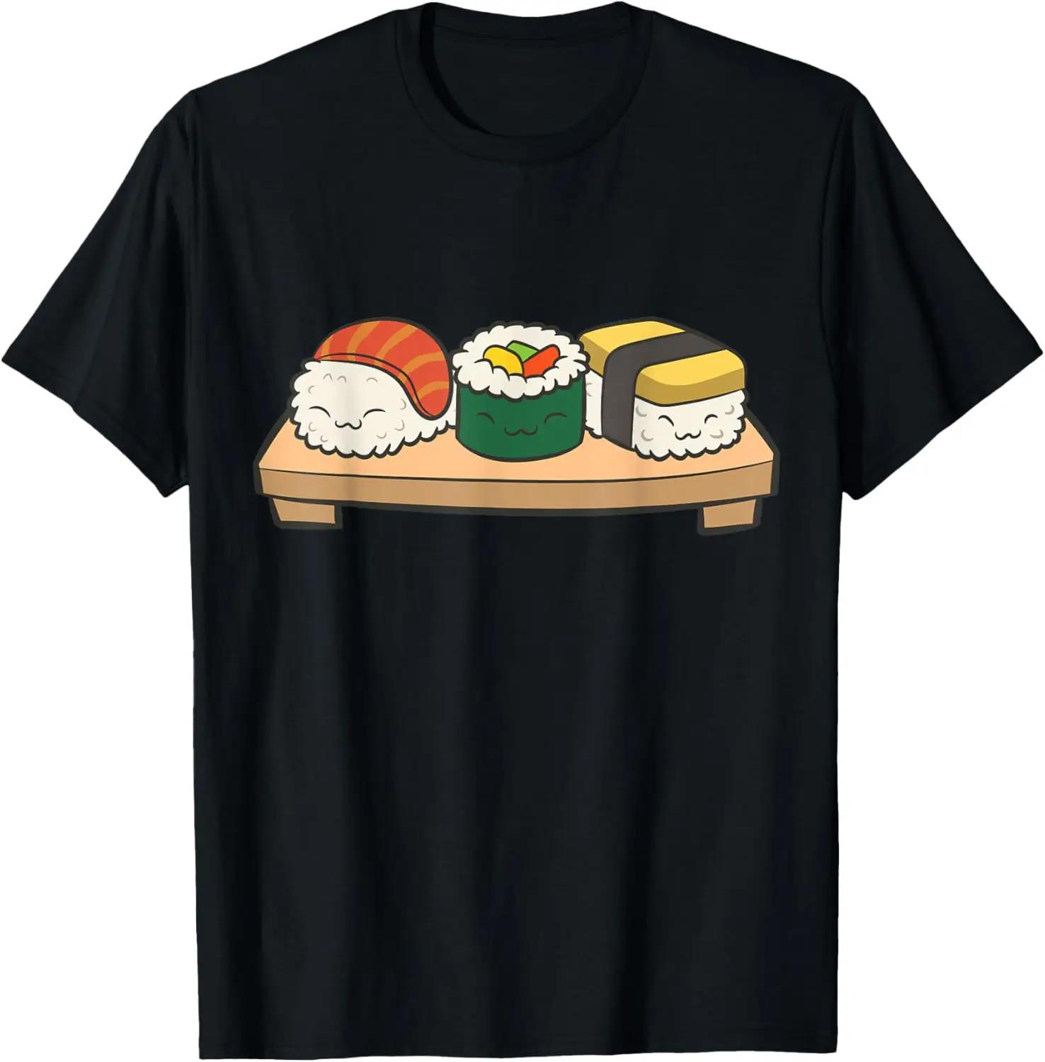 Kawaii Sushi Trio Cute Cartoon Graphic Tee Unisex Breathable Cotton Casual Short Sleeve TShirt S