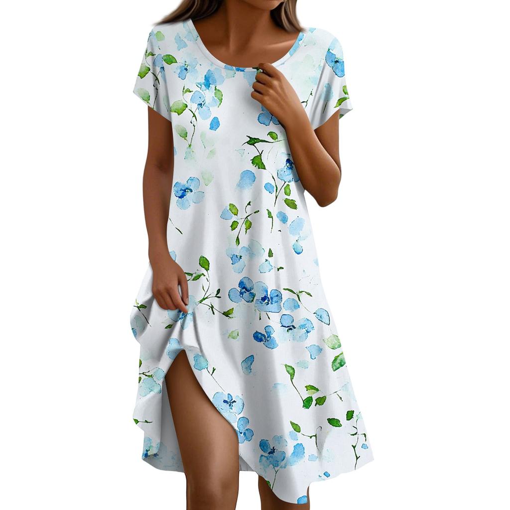 Short Sleeve Boho Dress For Women Casual Loose Fit Summer Sundress Floral Print Dress With Pockets