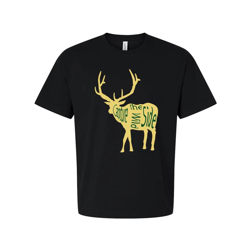 Camiseta de Caça Unissex com Silhueta de Veado Amarela e Design Gráfico de Tipografia