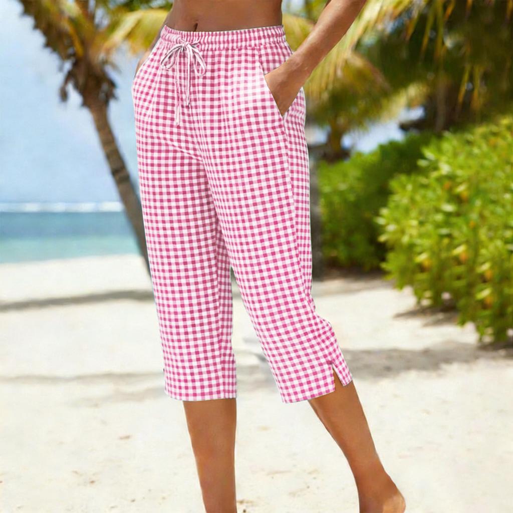 Damen Mode Kariert Print Elastischer Bund Zum Binden Locker Freizeit Sieben-Achtel 7/10 Hose
