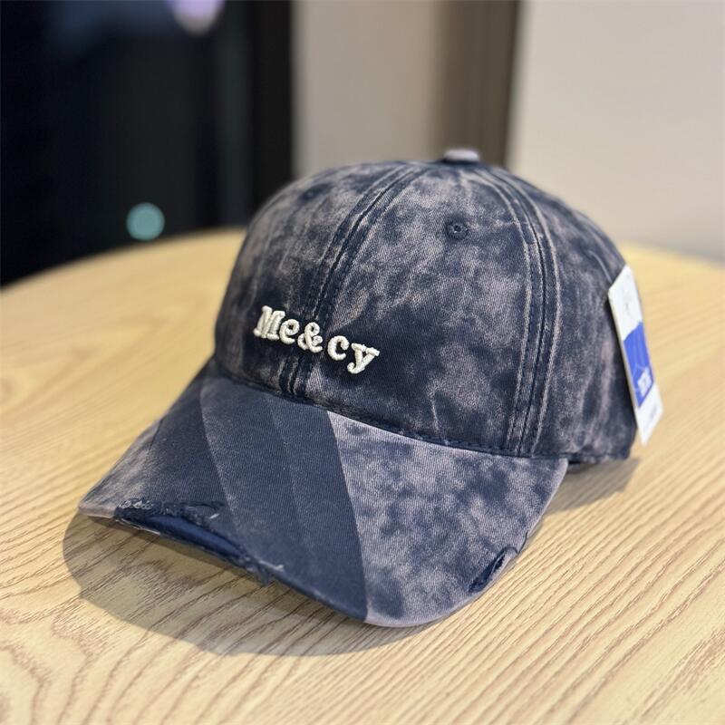 Fashion Hat Korean Style Washed Distressed Letter Embroidered Baseball Cap for Women, Large Head Wrap, Wide Brim, Big Face Flattering Duckbill Cap