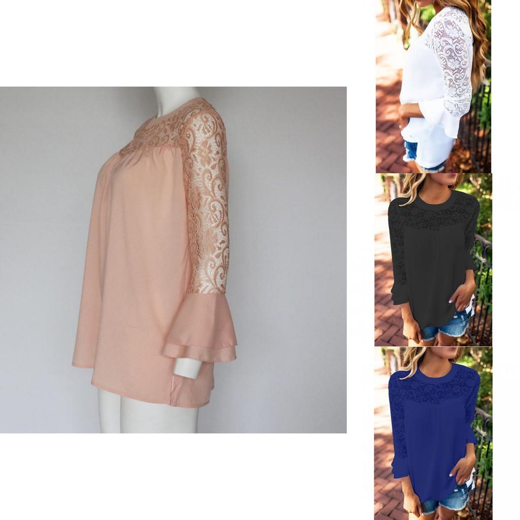 Elegant Chiffon Lace Blouse Loose Fit Pullover Long Sleeve T-shirt For Women