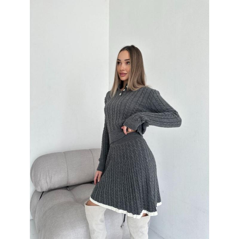 New Casual Skirt Suit With Long-Sleeve Knitted Buttoned Sweater + Short Skirt Two-Piece Set For Women
