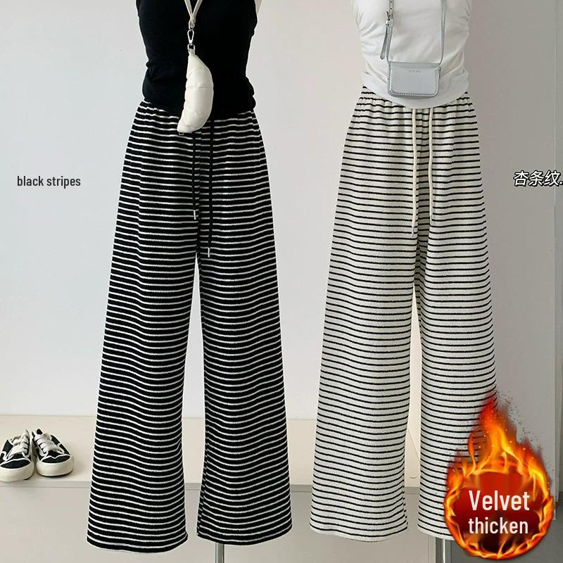 Women's Petite High-Waisted Black & White Striped Wide-Leg Pants - Autumn/Winter Casual Loose Fit with Plus Velvet