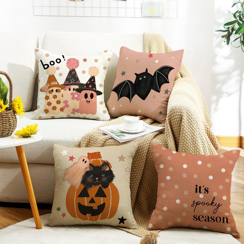 New Halloween Pillow for Living Room Sofa Bedroom Pumpkin Bat Linen Print Pillow
