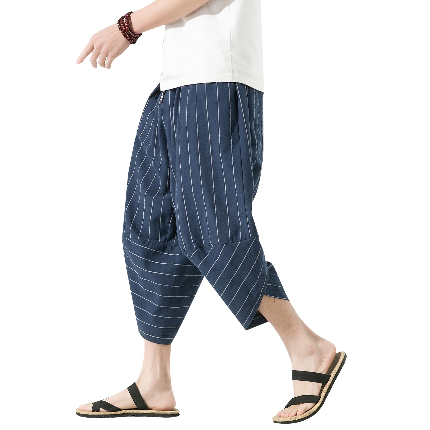 

[BesBet] Men s Harem Pants, Summer Trousers, Cropped Pants, Striped Tapered Pants, 7/8 Length, Aladdin Pants, Plus Sizes, Popular Bottoms, Cotton/Line
