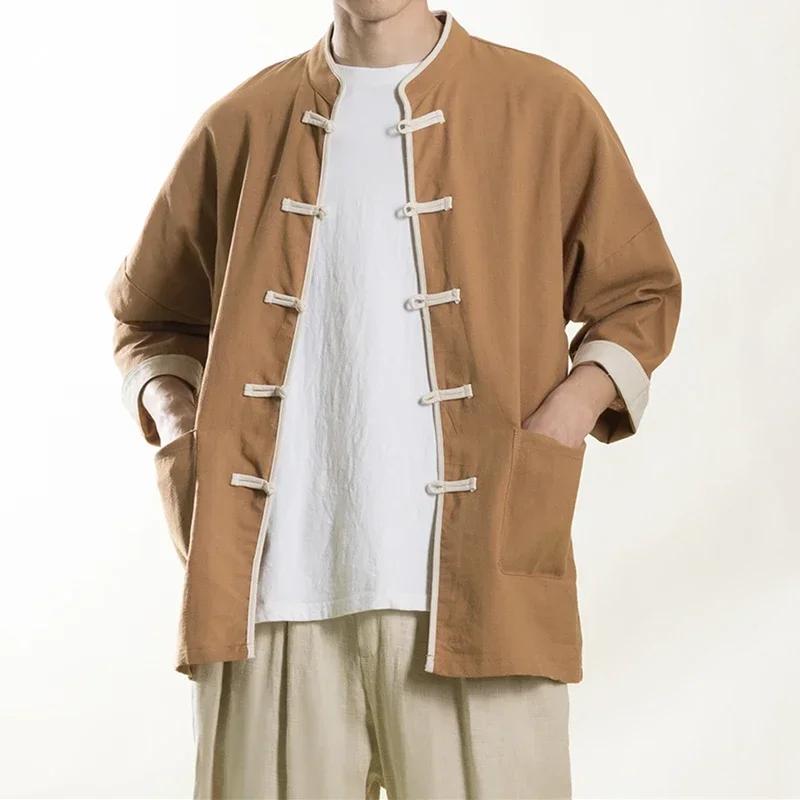 

Chinese Traditional Dress Spring Summer Cotton Line Shirt Men Clothing Plus Size Casual Thin Tops Tang Suit Vintage Coat 5XL кавовий