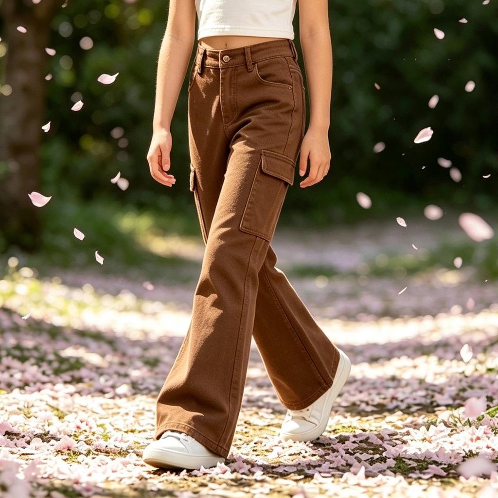Girls Bell Bottom Pants Flared Leg Casual Color with Pockets for Big Kids