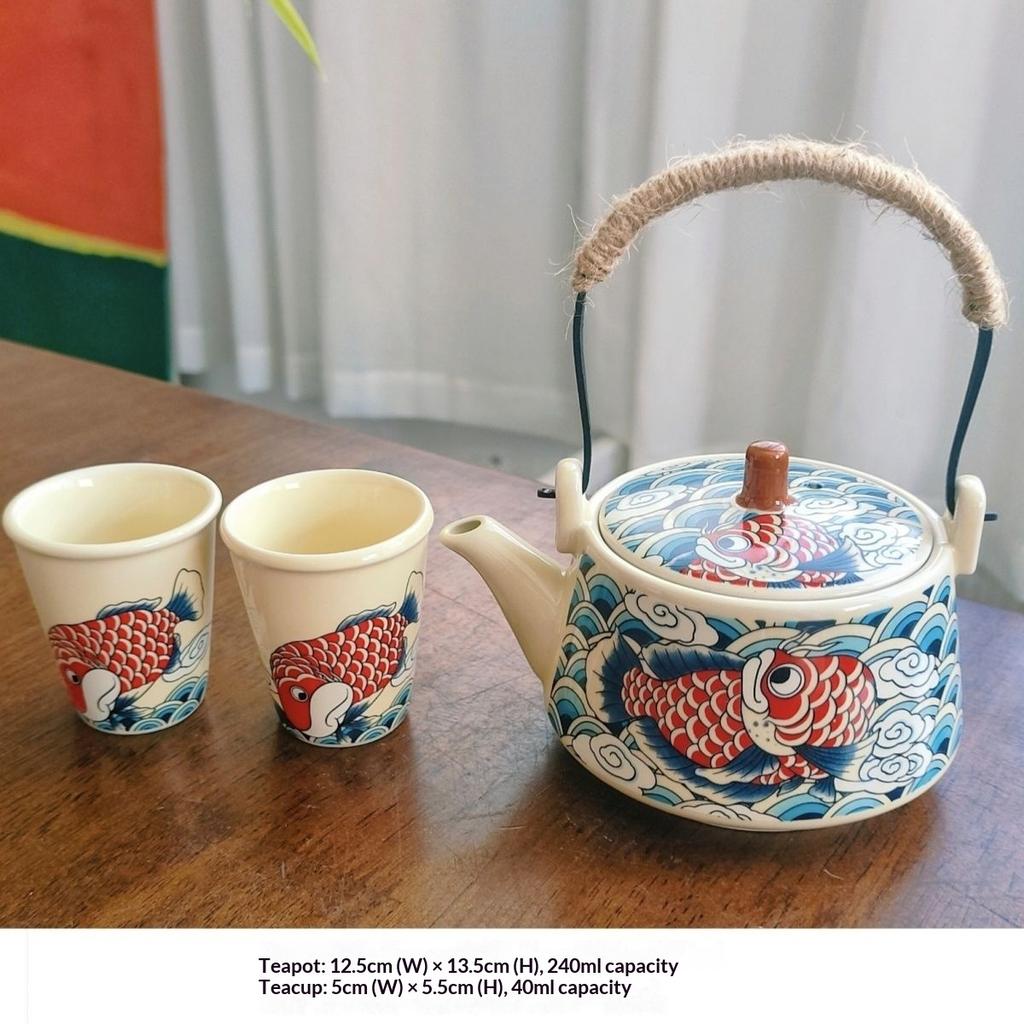 Kung Fu Carp Fish Tea Set, Ceramic Tea Infuser, Travel Portable TeaPot, TeaCup, Tea-Water Separation, Handle-Hanging Pot