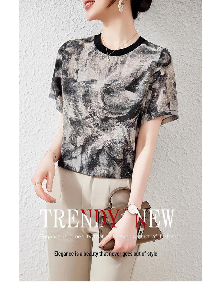 Women's 2025 Fashion Gradient Round Neck Mulberry Silk Top - High-End Short Sleeve Double Crepe Design