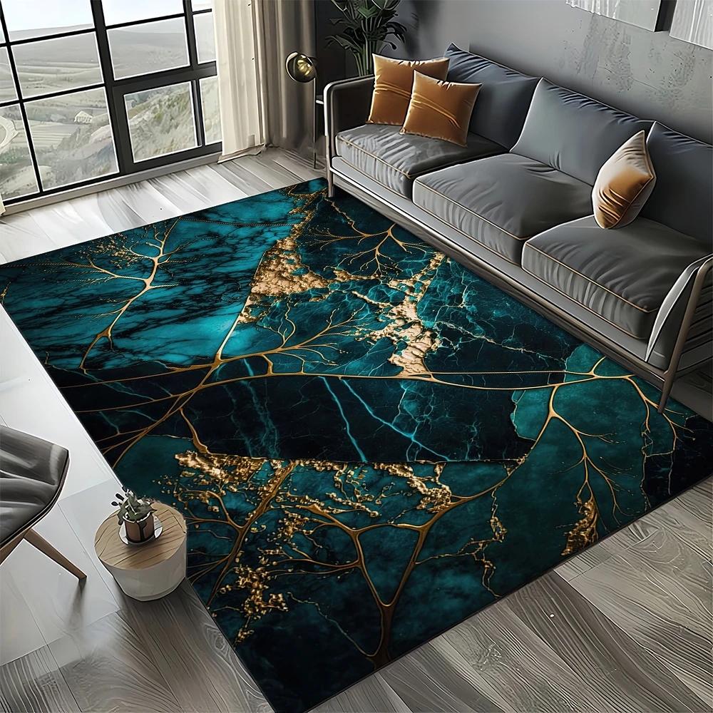 2025 New Style Colour Nature Marble Blue Gold Carpet Rug for Living Room Bedroom Home Sofa Decoration,Kid Non-slip Floor Mat