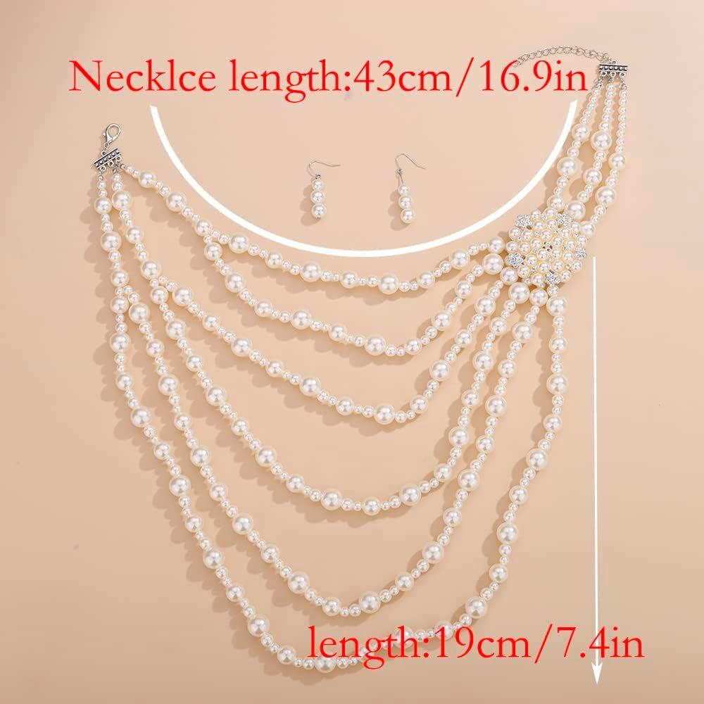 Trendige mehrlagige handgefertigte Imitationsperlen Strass Blume lange Statement-Halskette und Ohrring Zirkon Set für Damen