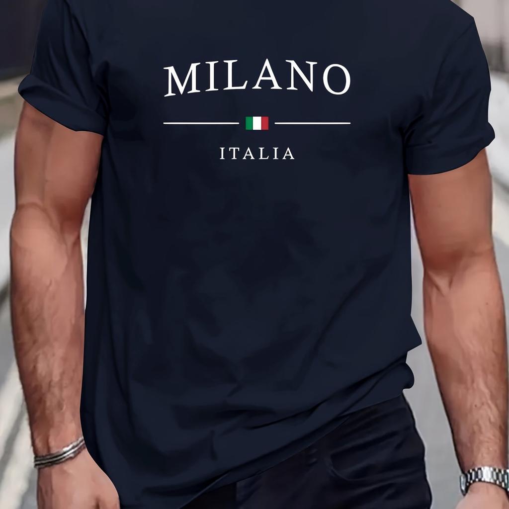 Men's Summer 100% Cotton Fashion MILANO Letter Printed Loose Large Casual Comfortable Round Neck Short Sleeve T-shirt Top