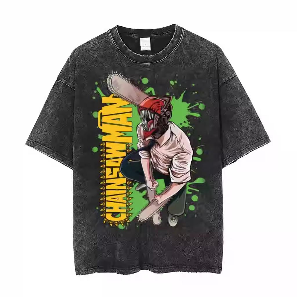 Anime Chainsaw Man Tshirt Denji Power Makima Aki Graphic T Shirt Mens Clothing Short Sleeve Tee Cotton Washed Oversized Tshirt