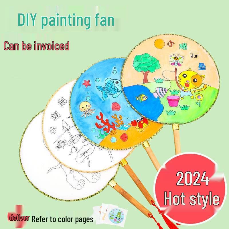 DIY Children's Silk Cloth Round Fan with Bamboo Handle - Palace Style Hand-Painted Kindergarten Craft