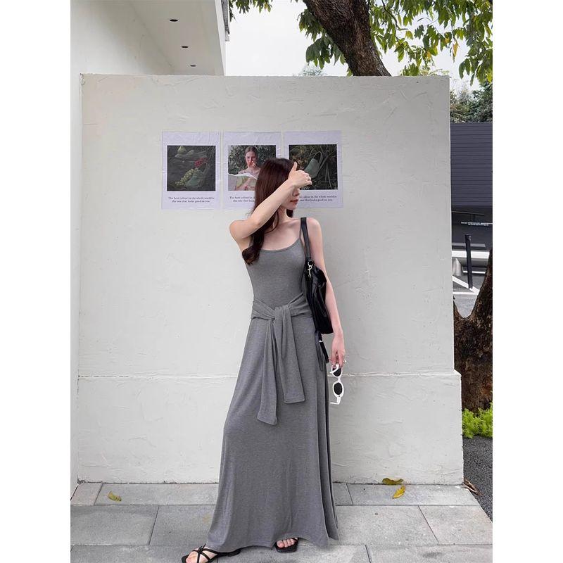 Kumikumi Idle Style Simple Solid Sling One Piece Dress Women Clothing Summer Elegant All-Match Waist Hugging Slimming Long Dress