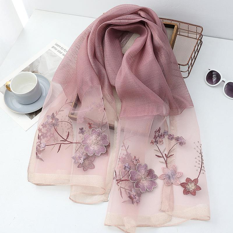 Four Season silk wool scarf women hijab pashmina shawls wrap Bandana Blanket Floral Pashmina Embroidery Scarves Foulard Fashion