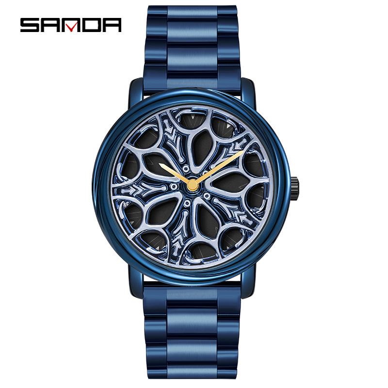 SANDA New Steel Band Quartz Watch Men's Hollow Rotating Men's Simple Personality Watch