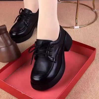 Spring 2025 New British Style Small Leather Shoes Thick Heel Single Shoes Lace Up Comfortable Round Head Soft Sole Work Shoes