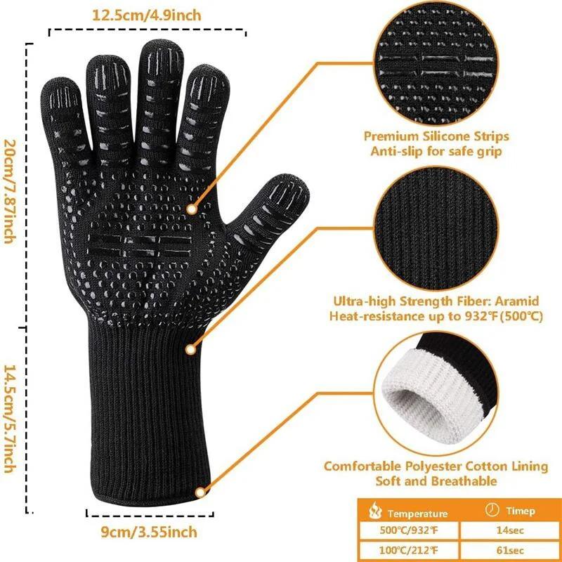 1472°F Heat Resistant Fireproof Oven Mitts Long Silicone Mittens BBQ Gloves Grilling Gloves for Kitchen Smoker Barbecue Camping