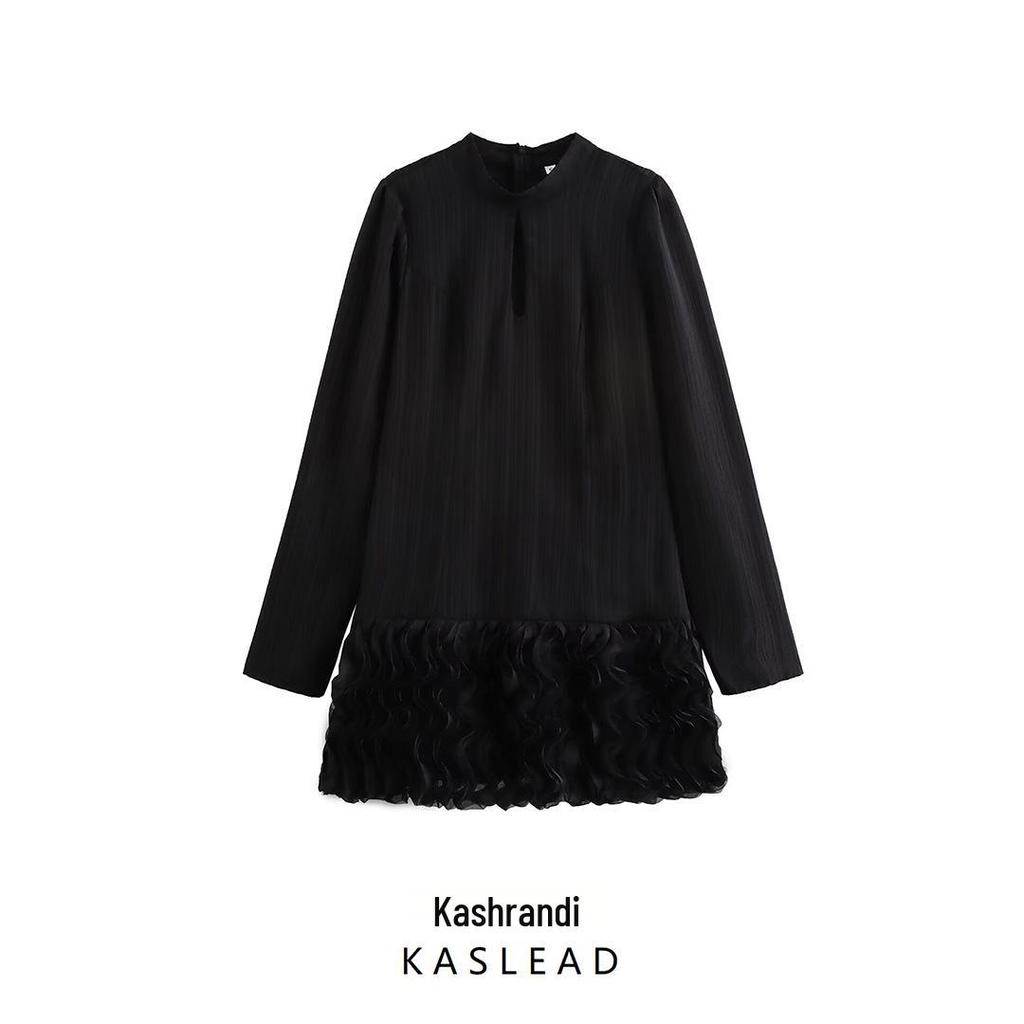 Autumn 2024 Women's Fashion: European & American Style 3D Floral Long Sleeve Short Dress