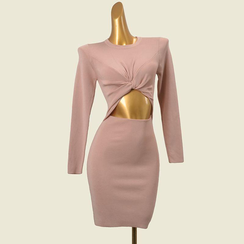 Spanish Brand Sexy Bare Midriff Slim Fit Sexy Bodycon Dress Fashion Wind Pure Color Twist Long Sleeves Knitting Dress