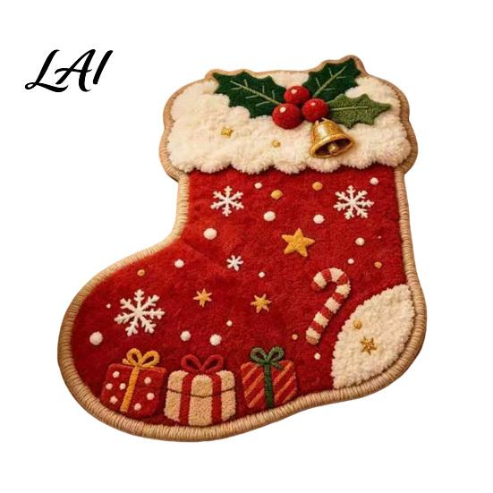 Easy Clean Decorative Rug Christmas Area Rug Plush Seasonal Bedside Gingerbread Man Tree Cute Stocking Shape Non-Slip for Bedroom Living
