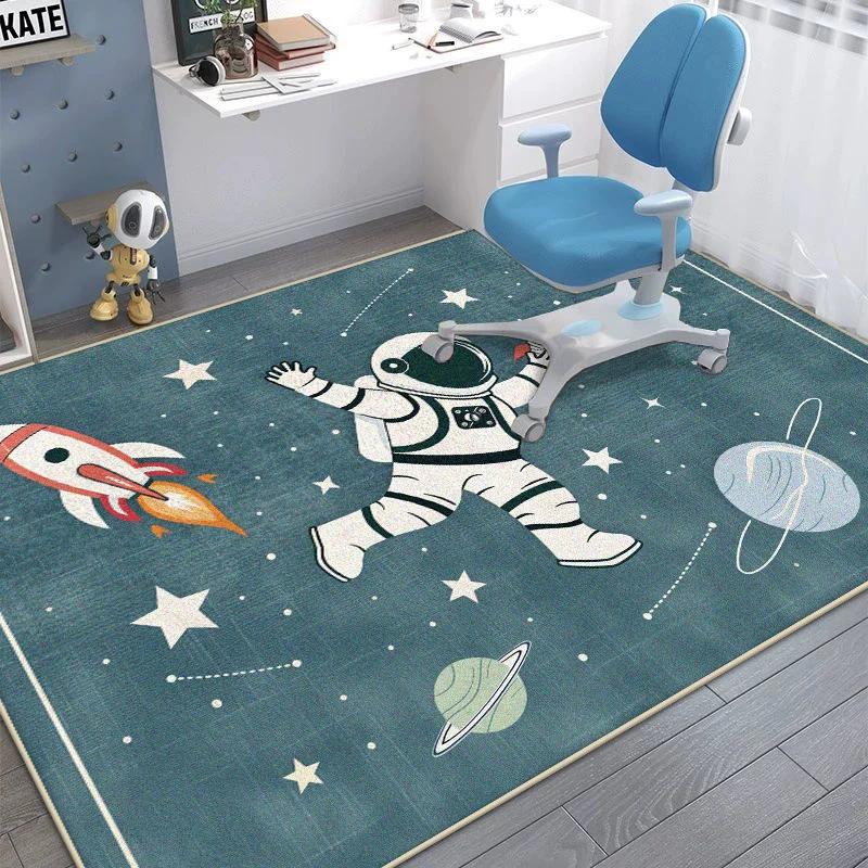 Cartoon Space Astronaut Floor Mat Non slip Soft Rug with Planet Rocket for Kids Bedroom Study Area Playroom Fun Decor Carpet