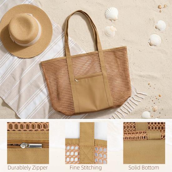 Mesh Beach Tote, Women Shoulder Bag, Sandproof Breathable Beach Bag with Zippered Pocket, Summer Travel Tote Bag for Holiday Daily Use