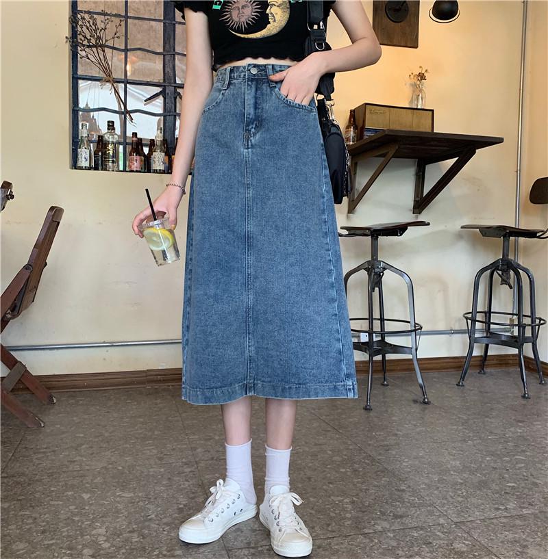 2022 Summer Women's High-Waist A-Line Denim Skirt, Medium-Length, Large Size, Korean Style.